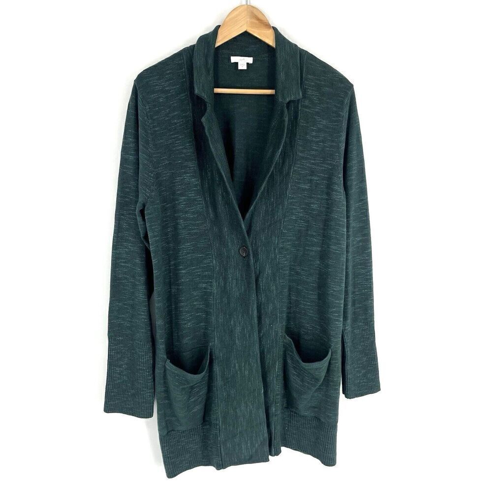 J Jill Sweater Size Medium Forest Green Blazer Knit Cotton Blend Pockets Casual